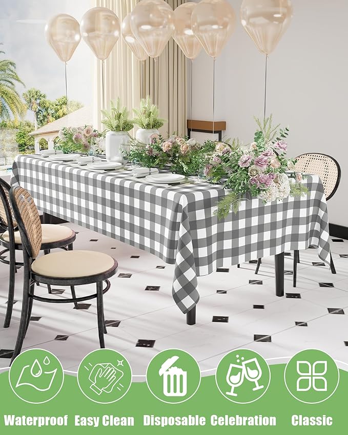Smiry 20 Packs Gingham Disposable Table Cloth, 54 x 108 Inch Waterproof Plastic Tablecloth, Rectangle Grey and White Checkered Table Covers for Picnic, Birthday, Party