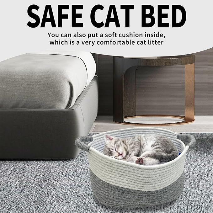 Fhiny Cotton Rope Dog Toy Basket with Handle Puppy Toys Storage Bin Small Woven Rectangle Diapers Pet Kitty Bed Perfect for Carry Pet Chew Toys Blankets Leashes Doggie Stuff - White and Grey (L)
