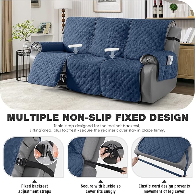 TAOCOCO 100% Waterproof Recliner Couch Covers, Recliner Sofa Covers with Leg Straps, 1-Piece Washable Reclining Sofa Cover with Pocket Couch Protector for Pets Kids(3 Seater, Ocean Blue)