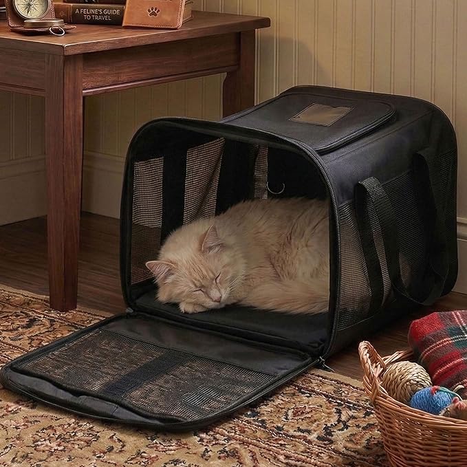 Conlun Cat Carrier Airline Approved, Soft-Sided Dog Carrier with Inner Safety Leash, Pet Transport Carrier for Small-Medium Cats Puppies up to 15 Lbs, Collapsible Travel Kitten Carrier Bag -BlackM