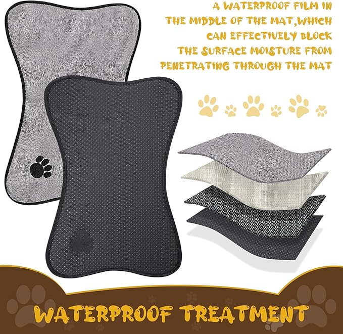 Breling Dog Mat for Food and Water 2 Pieces Bone Shape Non-Slip Pet Feeding Mat for Under Dog Bowls Embroidered Microfiber Pet Bowl Water Absorbent Feeding Supplies, 2 Colors