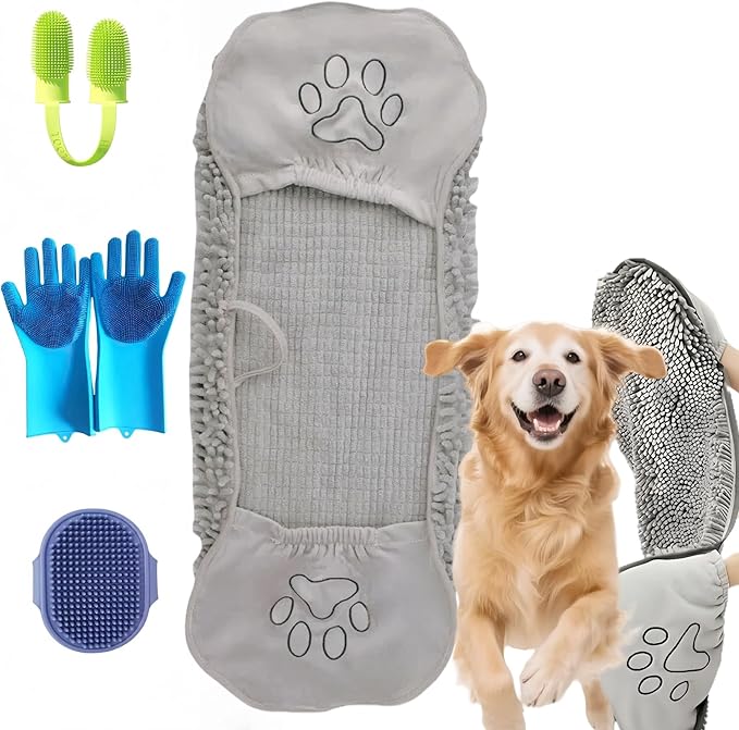 4-in-1 Dog Bath Towel & Grooming Kit, 30 × 12.6 in Ultra Absorbent Microfiber Dog Bath Towel with Hand Pockets, Silicone Bath Gloves, Finger Toothbrush, and Handheld Deshedding Brush for Dogs & Cats