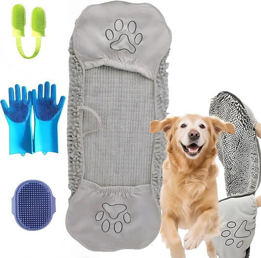 4-in-1 Dog Bath Towel & Grooming Kit, 30 × 12.6 in Ultra Absorbent Microfiber Dog Bath Towel with Hand Pockets, Silicone Bath Gloves, Finger Toothbrush, and Handheld Deshedding Brush for Dogs & Cats
