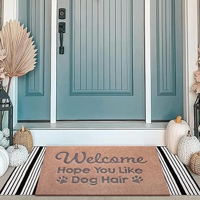 Welcome Mats for Front Door Hope You Like Dog Hair Doormat, Natural Rubber Non Slip Back Mat Indoor Funny Dog Mats for Home Decor Entryway Brown 36" x 24"