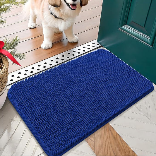 OLANLY Dog Door Mat for Muddy Paws 30x17, Absorbs Moisture and Dirt, Absorbent Non-Slip Washable Doormat, Quick Dry Chenille Mud Mat for Dogs, Entry Indoor Entryway Carpet for Inside Floor, Royal Blue