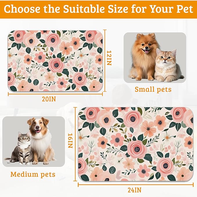 Dog Bowl Mat,Blooming Flowers Pet Feeding Mat for Floors Waterproof,Peonies Roses Absorbent Dogs Placemat for Food and Water Quick Dry Pet Cat Feeding Mats with Non Slip Bottom 16" x 24"