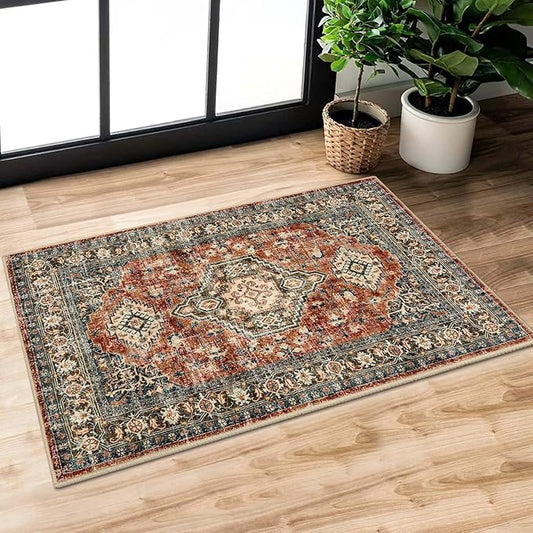 Lahome Oriental Washable Small Area Rug, 2x3 Rugs for Entryway Kitchen, Ultra-Thin Soft Indoor Door Mat Non Slip Throw Carpet for Bedroom Bathroom Eleanor, Brick Red