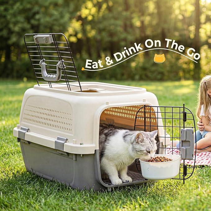 NEWBULIG 23" Hard-Sided Dog Carrier, Plastic Cat & Dog Crate, 4-Sided Ventilation Travel Pet Kennel, Top & Front Door Access, Integrated Food Bowl, for Small Pets up to 22 lbs, Beige & Grey