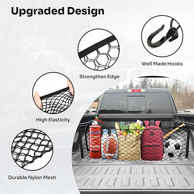Truck Bed Cargo Net for 2019-2025 2026 Dodge Ram 1500 Accessories Envelope Style Mesh Trunk Net Organizer and Storage Stretchable Adjustable Elastic Nylon Rear Cargo Netting with Hooks
