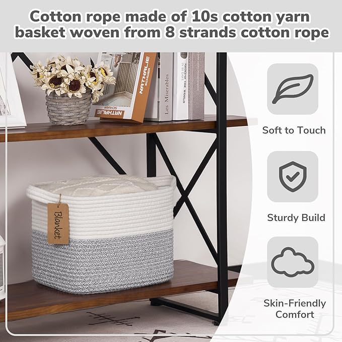 Goodpick Woven Storage Basket, Small Laundry Basket for Clothes, Towels and Shoes, Rope Square Gift Organizer with Handles, Gray and White, 13 x 10 x 9 Inches