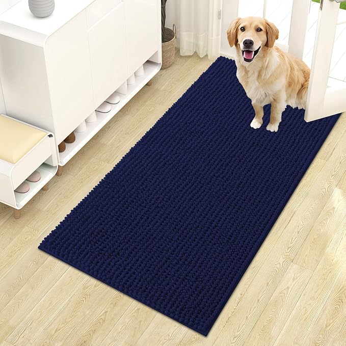 OLANLY Dog Door Mat for Muddy Paws 44x24, Ultra Absorbent Chenille Mud Doormat, Non-Slip Washable and Dirt Trapping Doormat for Indoor Entryway, Quick-Dry Indoor Pet Bed Mats for Dogs, Navy Blue