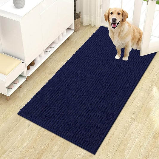 OLANLY Dog Door Mat for Muddy Paws 44x24, Ultra Absorbent Chenille Mud Doormat, Non-Slip Washable and Dirt Trapping Doormat for Indoor Entryway, Quick-Dry Indoor Pet Bed Mats for Dogs, Navy Blue