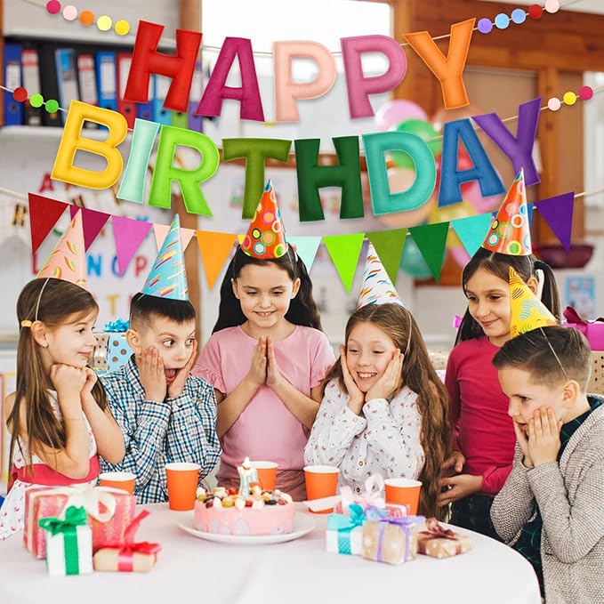 Pre-Strung Happy Birthday Banner - Rainbow Birthday Decorations, 3PCS Felt Birthday Day Sign,Ball Garland,Triangle Bunting,Reusable Colorful Banner for Party Decor Girls Boys Kids Women Men