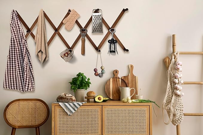 Mercurial Trade Expandable Wooden Coat Rack Hanger – Accordion Wall Mounted Pine Wood Hooks – Hand Made Vintage Expending Pegs – Hang Coat, Jacket, Hat, Leash, Towel, Mug, Bag – 14 Hook Dark Walnut