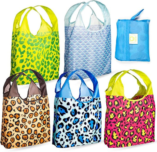 O-WITZ Reusable Grocery Bags | Vibrant Tote Bag For Groceries, Gym, Office, Beach & More | Washable Design With Large Handles For Maximum Convenience | Folds Into A Small Pouch, 5 Pack, Animal Vibes
