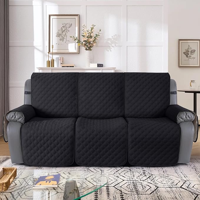 TAOCOCO 100% Waterproof Recliner Couch Covers, Recliner Sofa Covers with Leg Straps, 1-Piece Washable Reclining Sofa Cover with Pocket Couch Protector for Pets Kids(3 Seater, Black)
