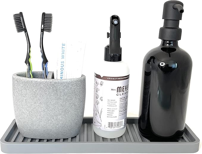 Happitasa Silicone Kitchen Sink Organizer Tray, Sponge Holder and Countertop Protector | Bathroom and Kitchen Soap Dish and Dispenser Tray (Grey, 12"x4")