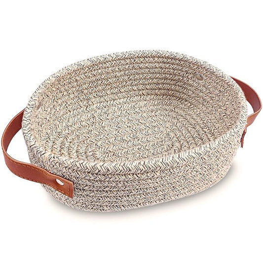 ABenkle Small Woven Basket, Mini Cotton Rope Storage Basket, Tiny Easter Basket, Shelf Basket, Oval Decorative Toy Dog Cat Basket for Nursery, Empty Gift Basket, 9.4" x 5.9" x 3.9" XS