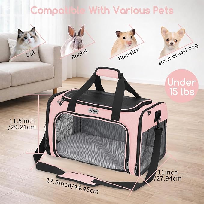 Pet Carrier for Cats & Small Dogs, Travel Carrier with Anti-Collapse Support, Chew Resistant Buckles, Luggage Sleeve, Multi-Pocket Storage, Reversible Mat & Bowl (Pink, Medium (17.5"x11"x11.5"))