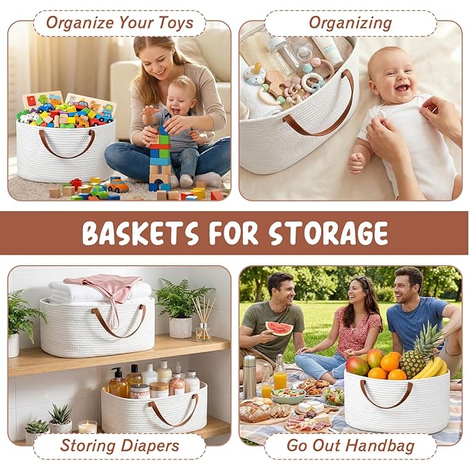 Colingmill Valentine's Day Empty Woven Gift Basket with PU Leather Handle and Bag 12" x 8" x 5"Cotton Rope Basket Organizer for Pet Toy Storage Baby Shower Birthday Party Wrapping Gift(16.5*10*9 Inch)