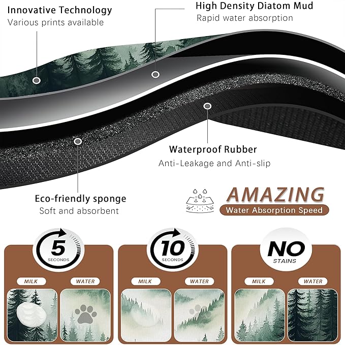 Misty Forest Mountain Dog Food Mat for Floors,Absorbent Quick-Dry Pet Feeding Mat,Cat Dog Bowl Mats for Food and Water,Non-Slip Pet Accessories Supplies 12"x20"