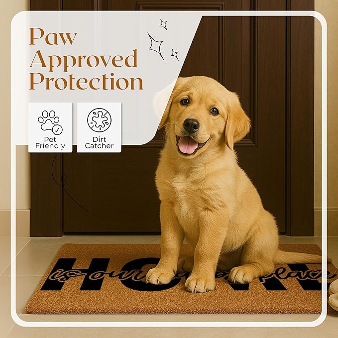 COCONIQ Coir Door Mats 17" X 30", Non-Slip Sturdy, PVC Backed Heavy Duty, Easy to Clean, Ideal for Door Entrance, Patio, Porch, Backyard, Garages, Home is Our Happy Place