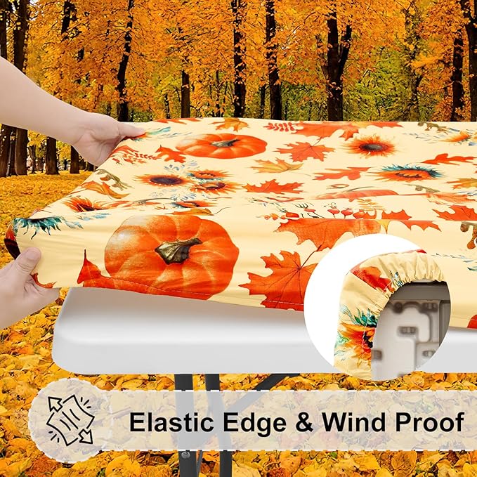 misaya Rectangle Vinyl Tablecloth, Fitted Table Cover, 100% Waterproof, Elastic Edge, Flannel Backing, Plastic Table Cloth Fit 6 Foot Folding Tables for Fall, Thanksgiving (Pumpkin Orange, 30x72 inch)
