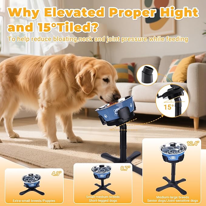 Elevated Slow Feeder Dog Bowl Adjustable Stand,Tilted ABS Base,Fits 5.5-9.5" Bowls, Anti-Spill & Non-Slip, Heavy Duty for Med/Large Dogs(with Stainless Steel Bowls 2 Pack)