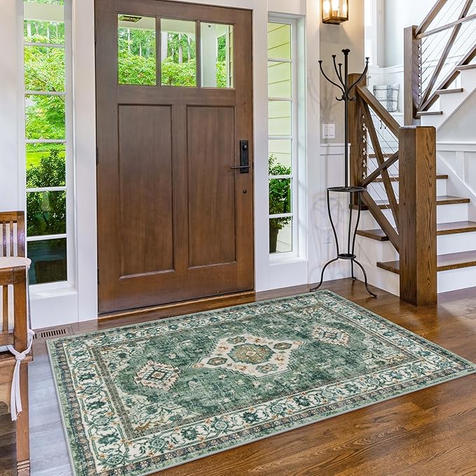 Lahome Oriental Machine Washable Rug, 3x5 Soft Green Rugs for Entryway Dorm, Non Slip Distressed Vintage Throw Carpet for Bedroom Living Room Entrance Eleanor, Green/Multi