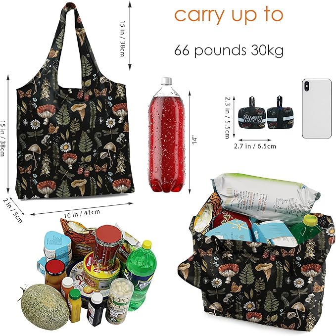 BeeGreen Mushrooms Ultimate Travel Tote Bag - Reusable Grocery Shopping Bag - Foldable Compact Portable Lightweight Duffle Bags