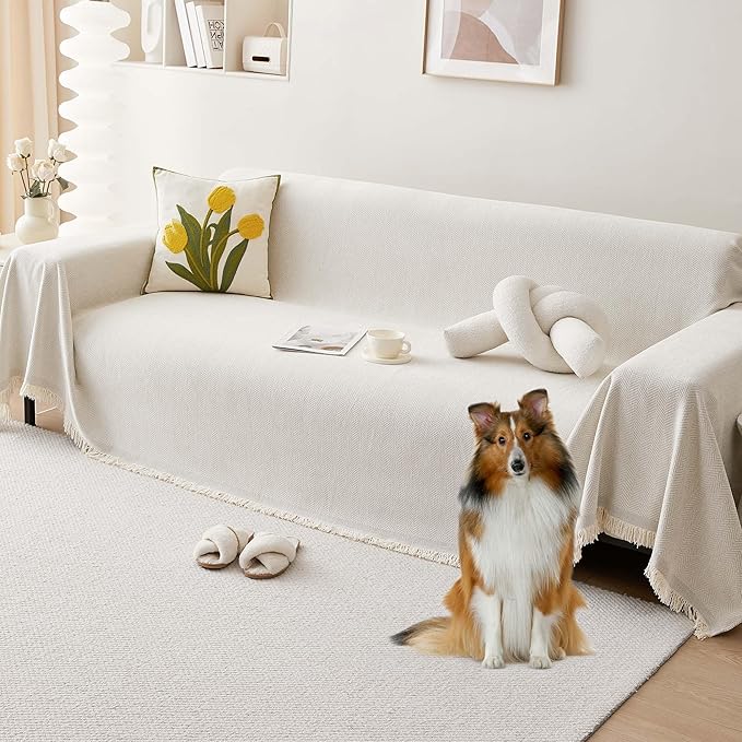 Chenille Couch Cover for 3 Cushion Sofa Pet Friendly Furniture Covers, Boho Sofa Covers Washable L Shape 3 Seater Couch Cover, 71"x 134", Beige