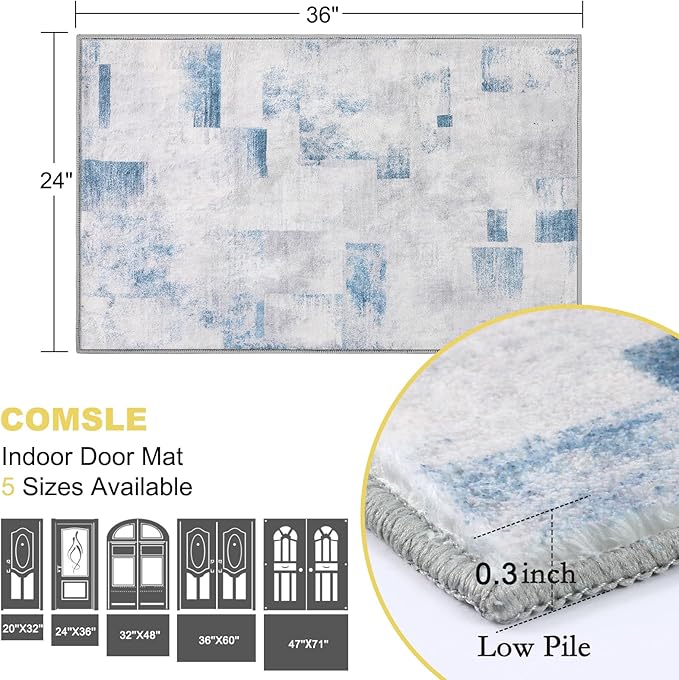 COMSLE Door Mat, Front Door Mat Indoor for Entrance Faux Wool Absorbent Non Slip Modern Throw Rug for Entryway Hallway Muddy Paws - Pet Friendly, 24x36 Inches,Square Blue Machine Washable