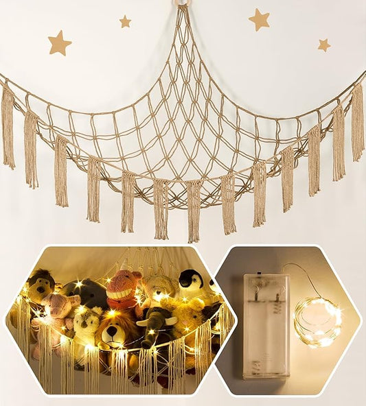 Stuffed Animal Hammock Corner Storage with LED Light - Toy Hammock Large Plushie Net - Stuffed Animal Holder Hanging Organizer - Teddy Bear Hammocks Room Decorations Preppy Toddler Kids Room Decor
