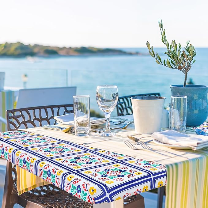 misaya Rectangle Vinyl Tablecloth, Fitted Table Cover, 100% Waterproof, Elastic Edge, Flannel Backing, Table Cloth Fit 8 Foot Folding Tables for Picnic, Outdoor (Geometric Flower, 30x96 inch)