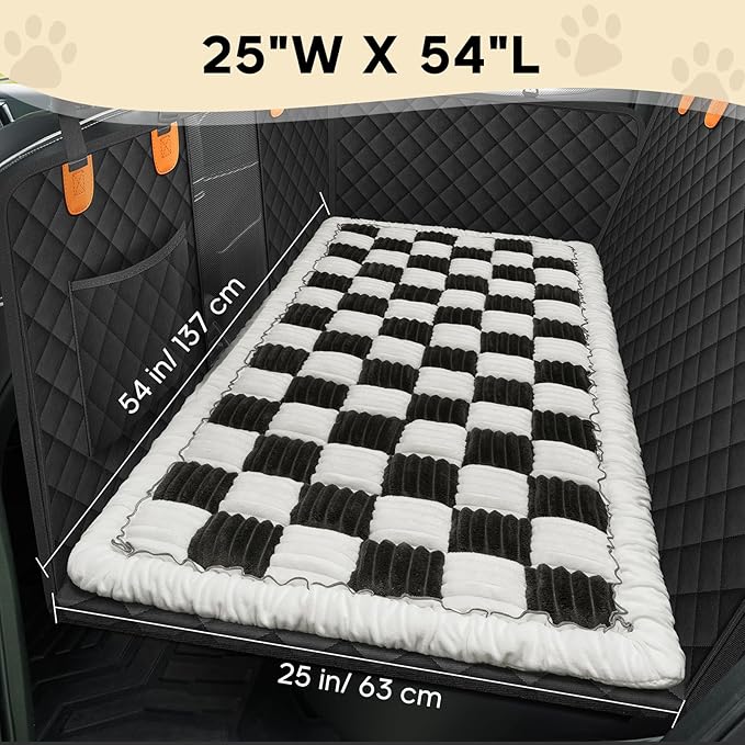 Npetrsnug Backseat Pet Bed Mat, Non-Slip Plaid Dog Bed for Car Back Seat, Flannel Backseat Dog Bed, Fit for Backseat Extenders and Trucks SUVs (Black&White, 24.8x54 inch)