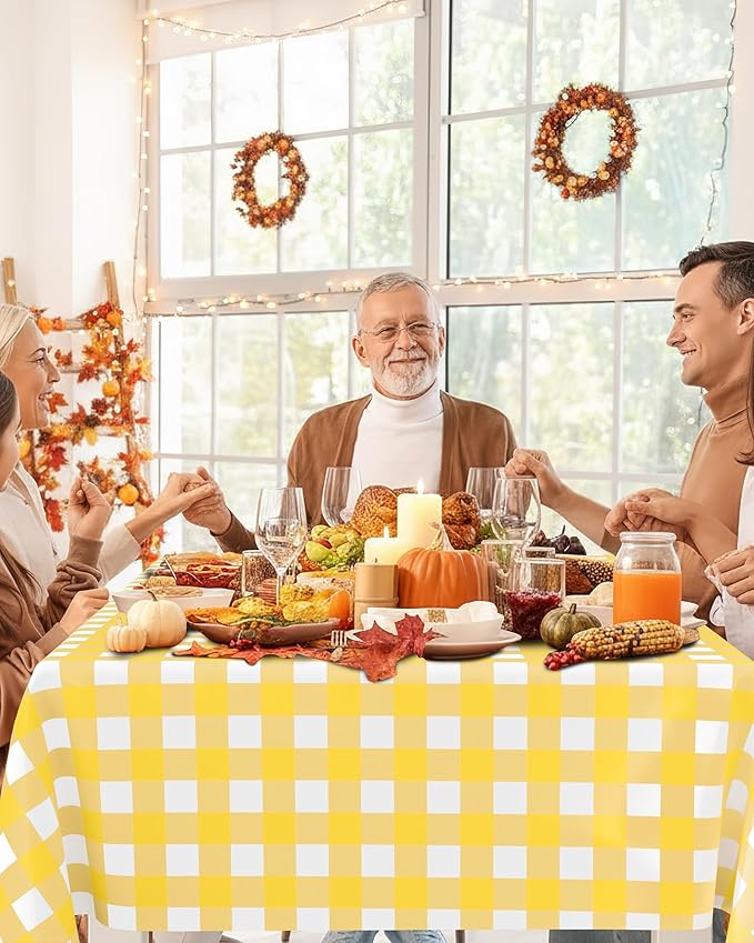 Smiry 12 Packs Gingham Disposable Table Cloth, 54 x 108 Inch Waterproof Plastic Tablecloth, Rectangle Yellow and White Checkered Table Covers for Picnic, Birthday, Party