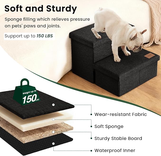 Love's cabin Dog Stairs with Storage 13" H,Foldable Pet Stairs for Small Medium or Large Dogs,Cat Puppy Steps Ramp with Zip up to 150 lbs(Black,2 Steps no Condo)