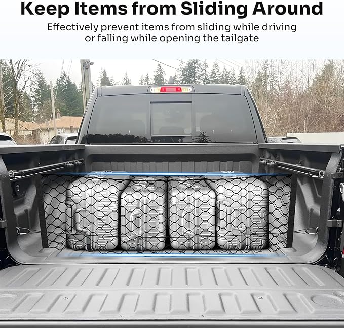 Truck Bed Cargo Net for 2019-2025 2026 Dodge Ram 1500 Accessories Envelope Style Mesh Trunk Net Organizer and Storage Stretchable Adjustable Elastic Nylon Rear Cargo Netting with Hooks