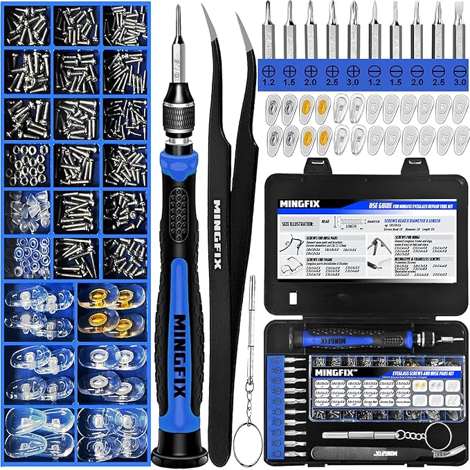 Eyeglass Sunglass Repair Kit,MINGFIX Magnetic Eye Glasses Repairing Tool Kit with Assorted Screws,Nose Pads,Small Screwdriver Bit Set & Tweezer with Mini Travel Case for Glasses,Sunglasses and Others