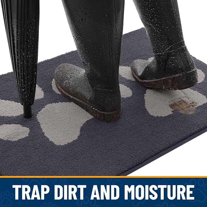 Smiry Dog Door Mat for Muddy Paws, Absorbs Moisture and Dirt, Low-Profile Entryway Mat with Non-Slip Backing, Entry Indoor Outdoor Doormat for Inside Floor (59x35 Inches, Dark Grey, Paw)