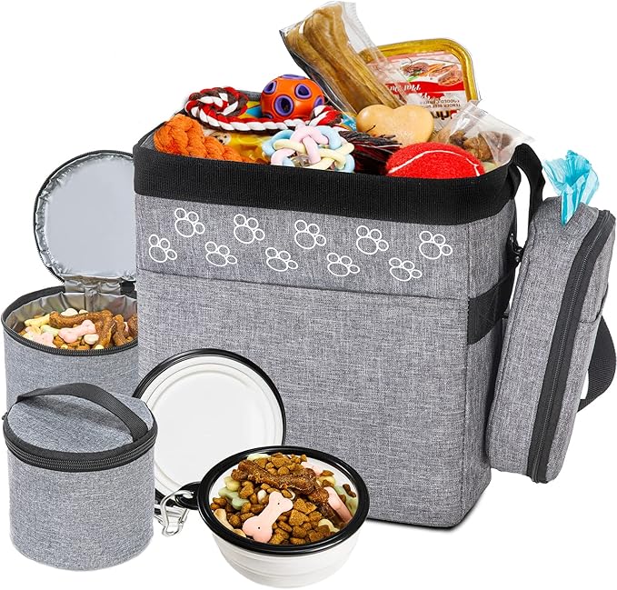 CLAWIST Dog Travel Bag with Treat Pouch, Airline Approved Dog Bags for Traveling, 2 Dog Food Travel Container, 2 Travel Bowls, Weekend Dog Travel Bag for Supplies, Dog Travel Kit Accessories
