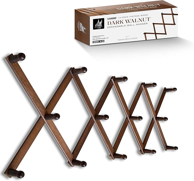 Mercurial Trade Expandable Wooden Coat Rack Hanger – Accordion Wall Mounted Pine Wood Hooks – Hand Made Vintage Expending Pegs – Hang Coat, Jacket, Hat, Leash, Towel, Mug, Bag – 14 Hook Dark Walnut