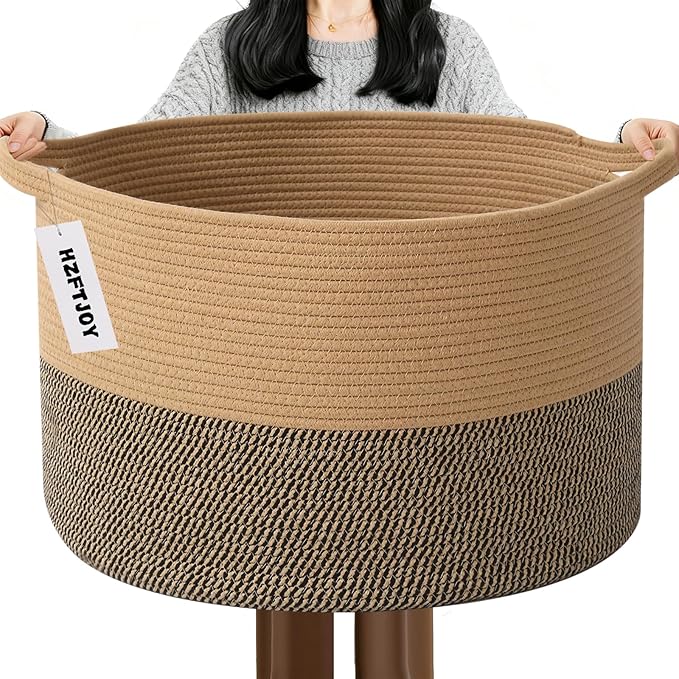 115L Large Blanket Basket,23.6" L x 23.6" W x 15.7" H Rope Woven Baskets with Handles, Toys Storage Bins,Laundry Basket Perfect for Living Room, Nursery,Bedroom,Home Organization,Jute&Black