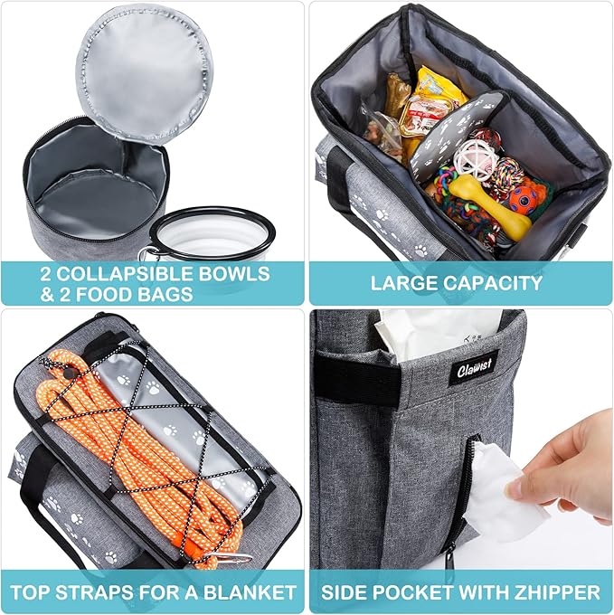 CLAWIST Large Dog Travel Bag, Airline Approved Dogs Bags for Traveling, 2 Dog 's Food Travel Container and Collapsible Bowls, Weekend Pet Travel Bags