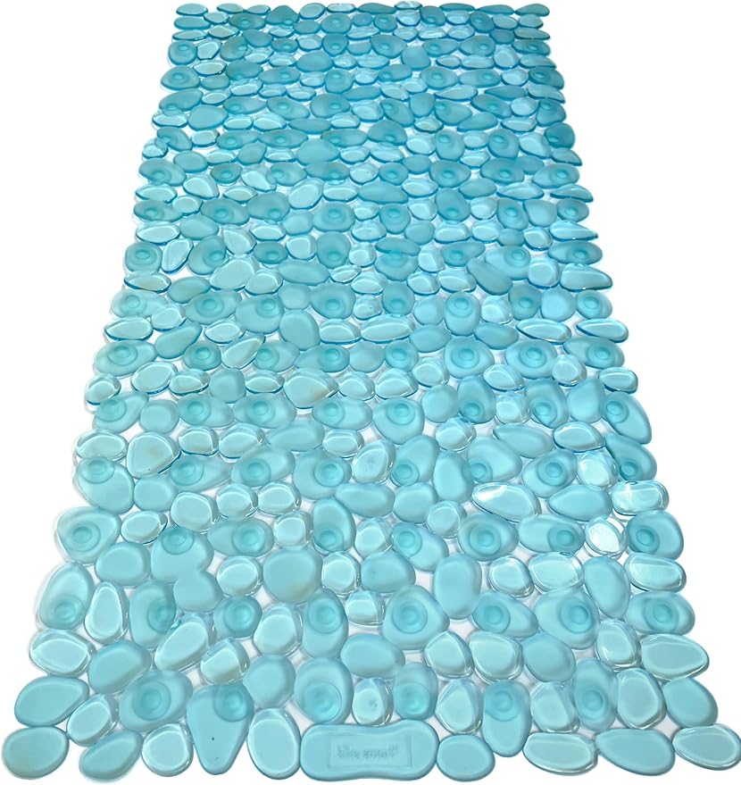 “Pebbles” Non-Slip Bathtub/Shower Mat 27.5”x14” Rectangular, Non-Toxic, Safe, Clean, Machine-Washable, Superior Grip & Drainage, Vinyl, for Smooth Floors ONLY, Transparent Aqua