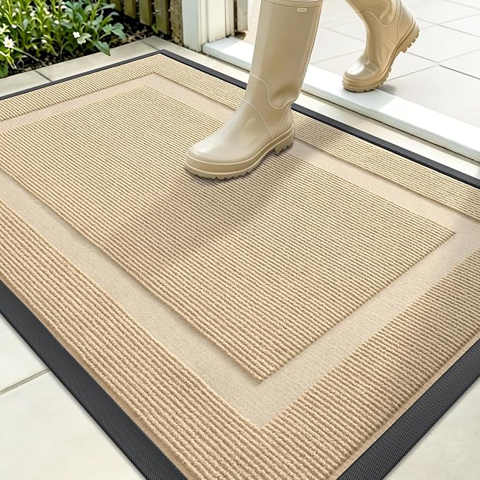 OLANLY Front Door Mat Indoor Outdoor Entrance, Waterproof All-Season, All-Weather Doormat, Sturdy Natural Rubber, Fade Resistant, Low Profile, Easy Clean Patio Porch Entryway Mat, 35x23, Beige