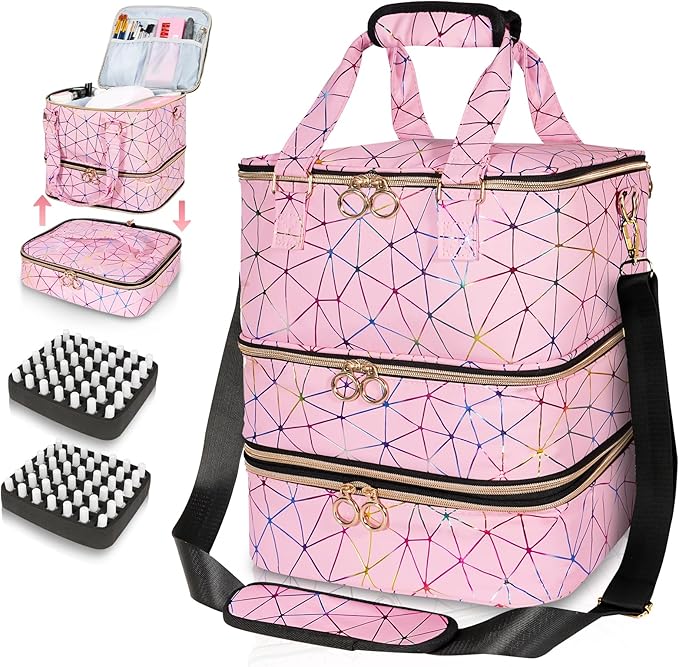 Nail Polish Organizer Bag Holds 84 Bottles & Nail Lamp, 3 Layers Nail Kit Storage Carrying Case Pu Leather, Large Nail Supplies Organizer With Shoulder Strap, Portable Travel Nail Bag,Pink
