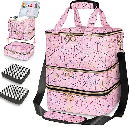 Nail Polish Organizer Bag Holds 84 Bottles & Nail Lamp, 3 Layers Nail Kit Storage Carrying Case Pu Leather, Large Nail Supplies Organizer With Shoulder Strap, Portable Travel Nail Bag,Pink
