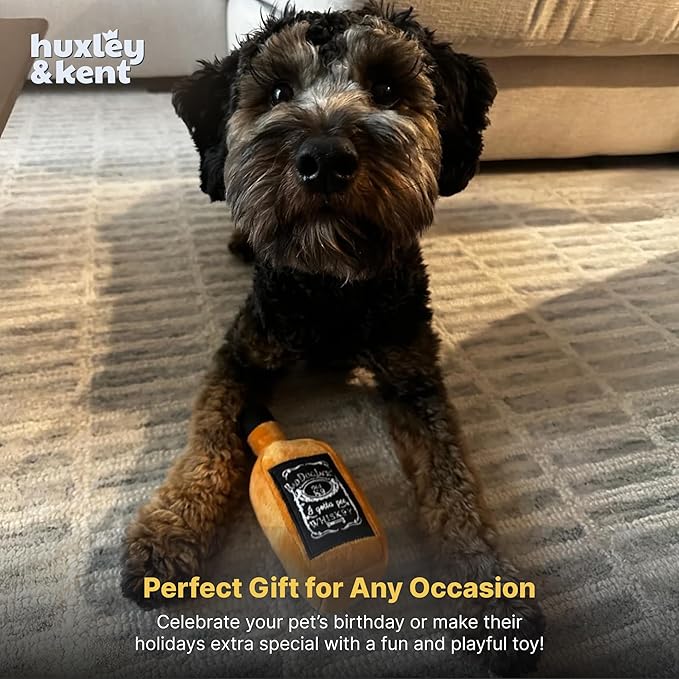 Huxley & Kent Funny Dog Toys w/Squeaker & Crinkle - Stimulating & Interactive Chew Toy for Dogs - Mesh Lined Stuffed Doggie Toy-Easy to Clean Doggie Toys for All Breeds (Bad Dog Jack's Whiskey,Large)