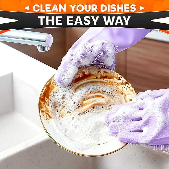 RZleticc Silicone Dish Gloves with Scrubbers – Thick Tear-Resistant Cat & Dog Washing Gloves for Bathing – Multi-Purpose Use